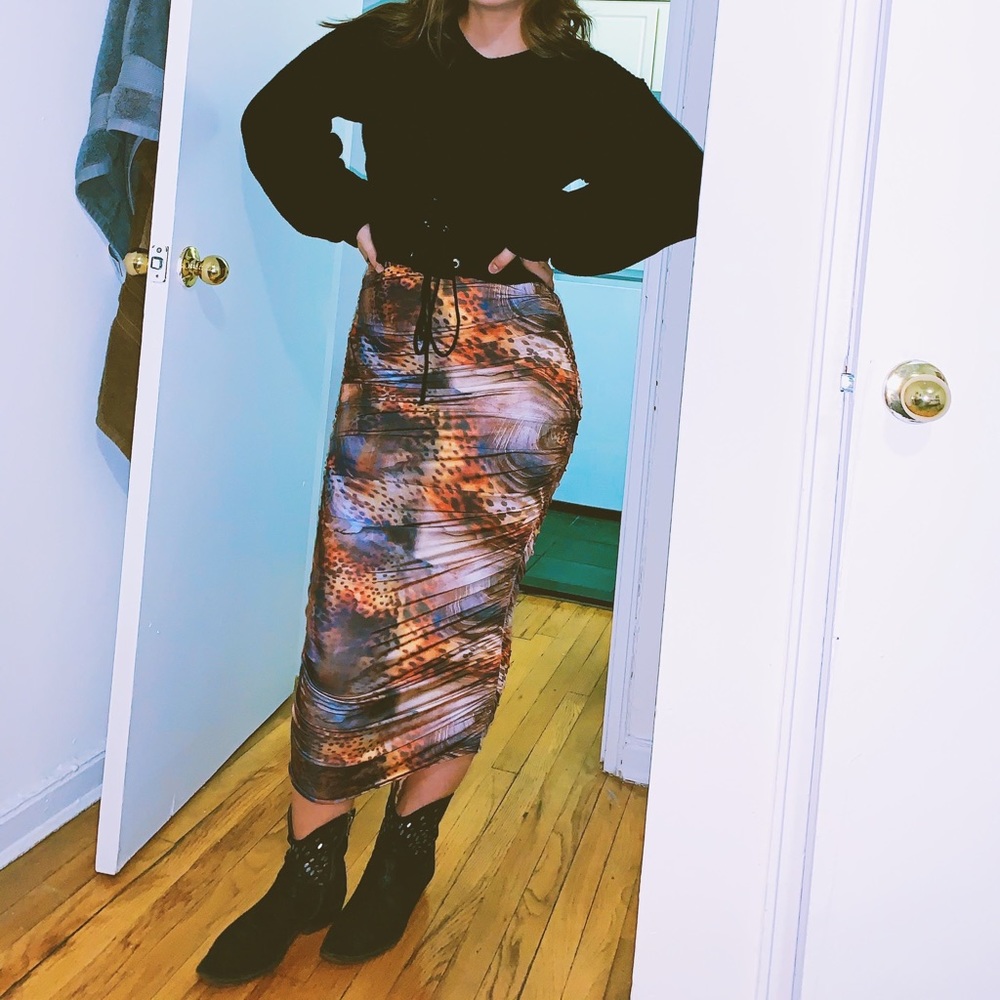 Mix Leopard Slinky Ruched Midi Skirt
